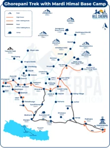 Ghorepani Trek with Mardi Himal Base Camp - Route Map