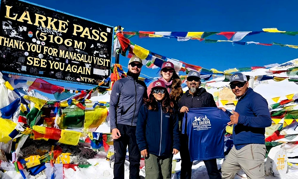 Our team successfully crossing Larke Pass at 5,106m during the Manaslu Circuit Trek