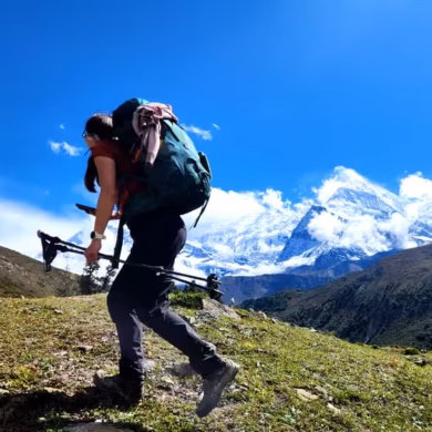 Trekkers crossing Larkya La Pass during the 15-day Manaslu with Annapurna Circuit Trek in Nepal